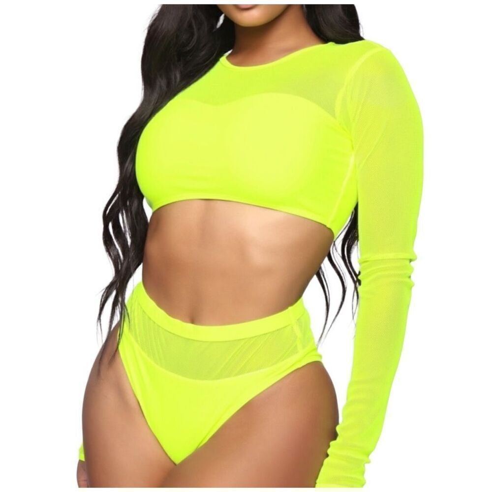 Fashion Nova Neon Yellow Long Sleeve Mesh Bikini Set - Picture 4 of 7